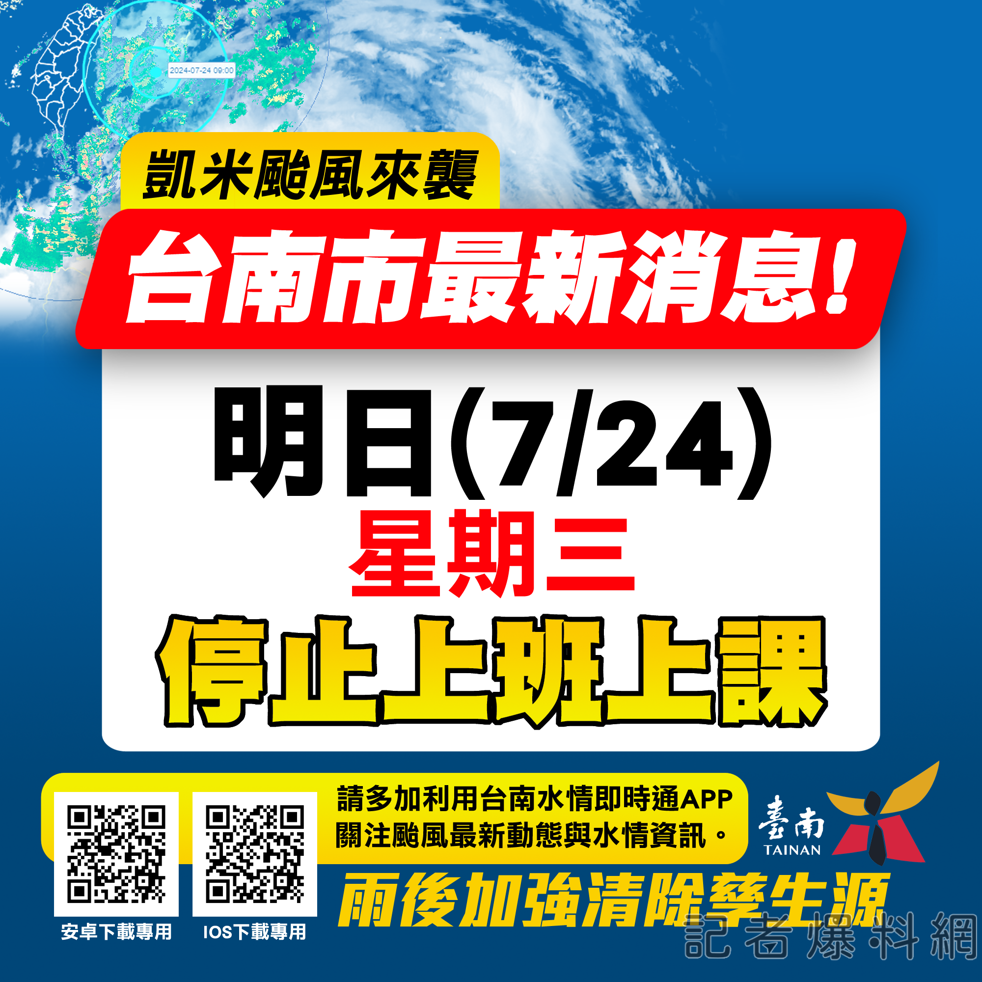 快訊／中颱「凱米」來襲！台南改口宣佈「7/24停班停課一日」