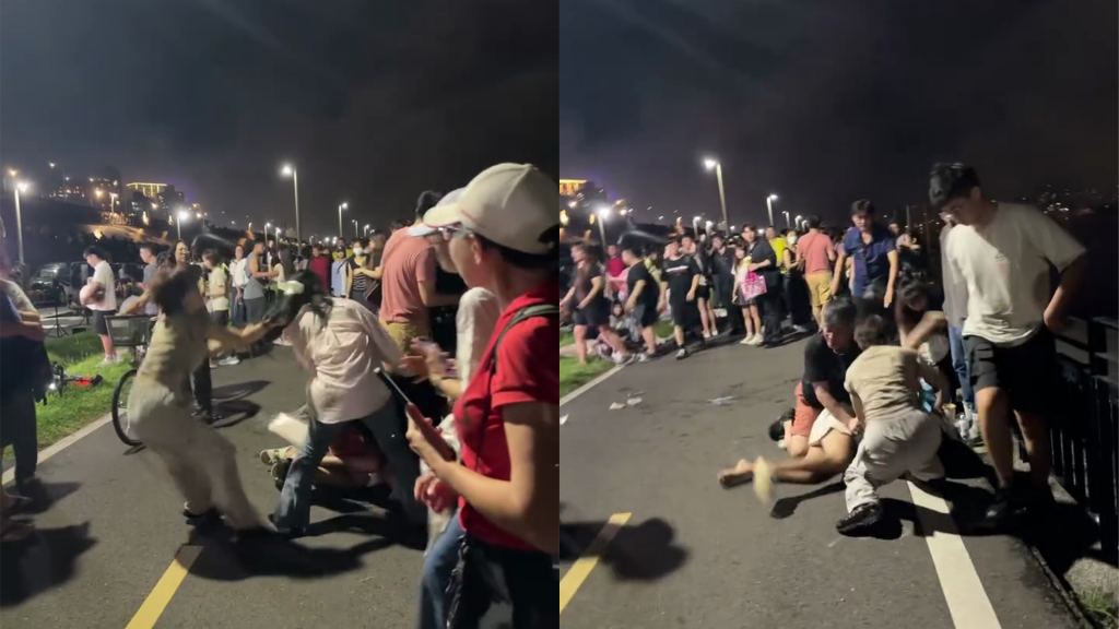 有片／大稻埕煙火突變「鬥毆秀」！狠女扯頭髮…男倒地狂被歐　激烈畫面曝
