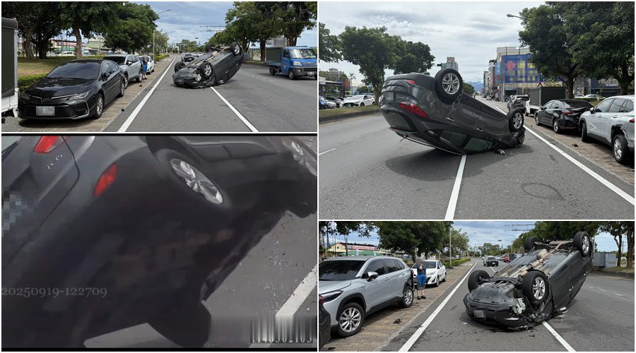 影音/連撞路旁三車 自小客四輪朝天翻覆路中！