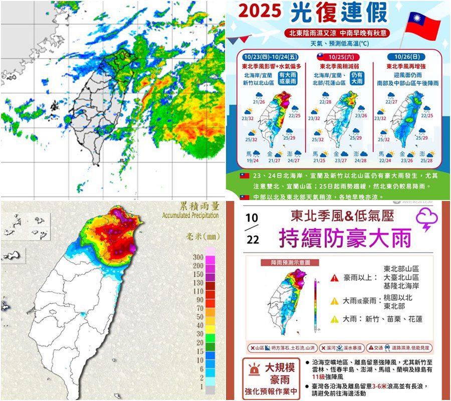 影音/北臺密雲籠罩-10/22-23仍劇烈降雨-光復節連假北東濕涼有雨