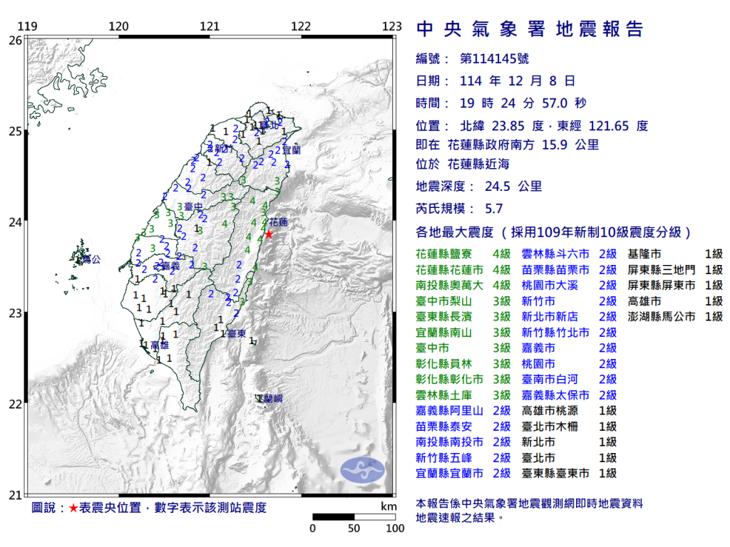 花蓮外海晚間發生規模 5.7 地震 中部多縣市震度 3~4 級明顯搖晃